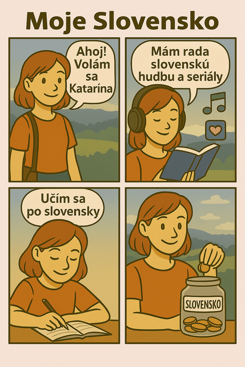 Comic strip showing Katarína's journey learning Slovak
