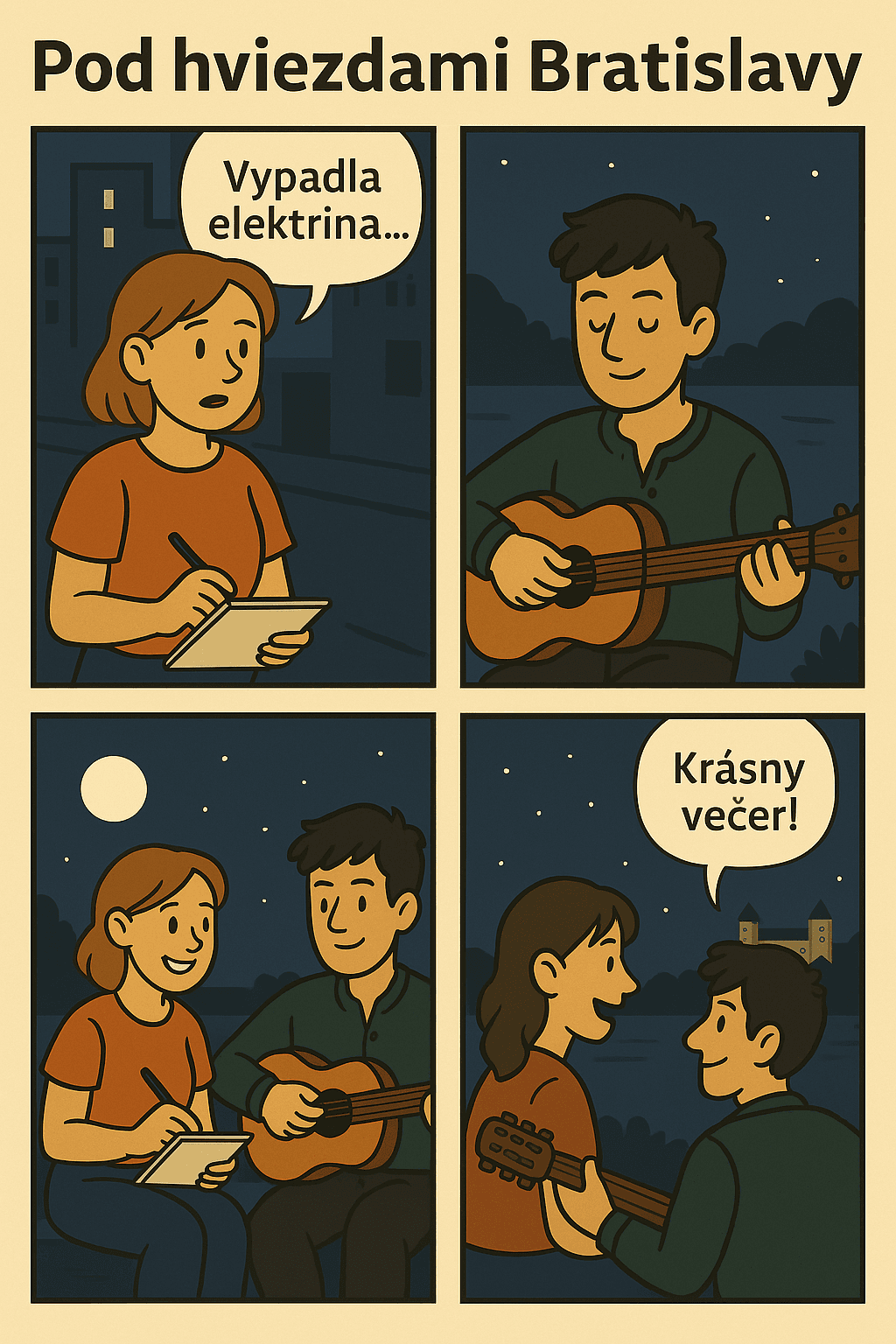 Comic strip showing scenes from Bratislava at night